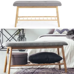 Banc d'entrée chaussures capitonné bambou RITA tissu gris clair