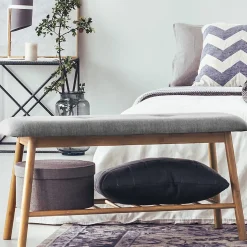 Banc d'entrée chaussures capitonné bambou RITA tissu gris clair