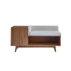 Banc d'entrée en teck massif et tissu bouclette 120 cm
