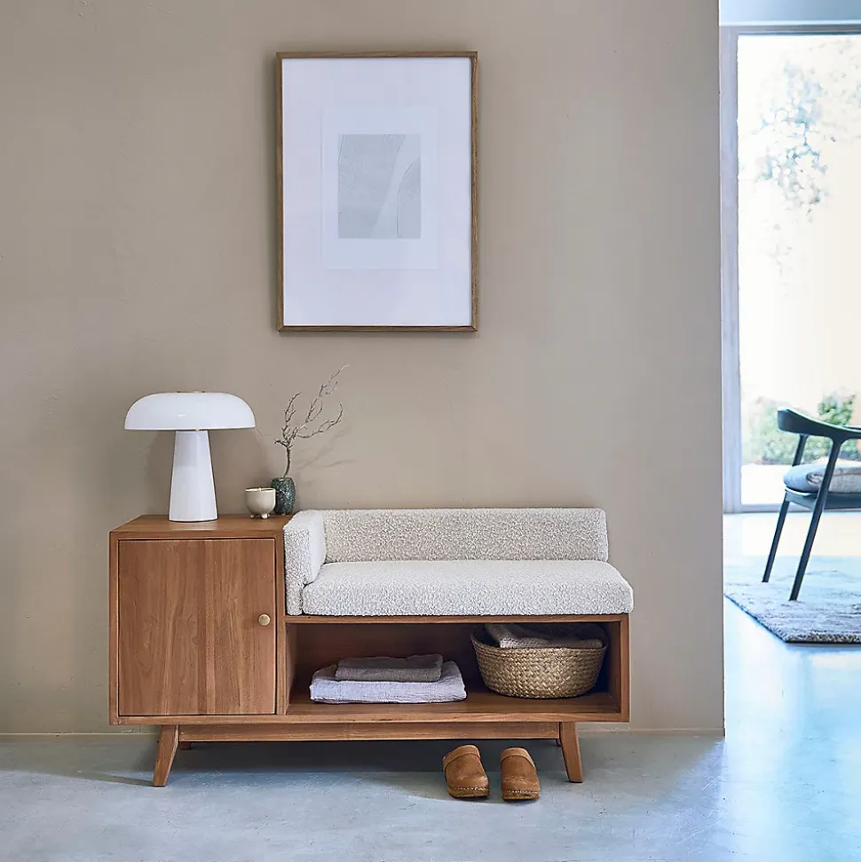 Banc d'entrée en teck massif et tissu bouclette 120 cm