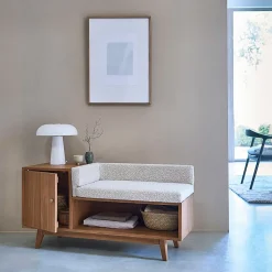 Banc d'entrée en teck massif et tissu bouclette 120 cm