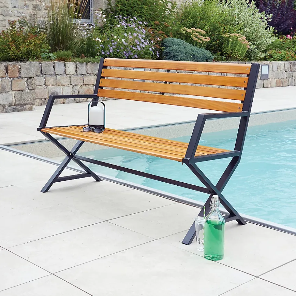 Banc en acier de couleur noir et pin couleur teck (131x54 cm - Noir)