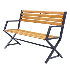 Banc en acier de couleur noir et pin couleur teck (131x54 cm - Noir)
