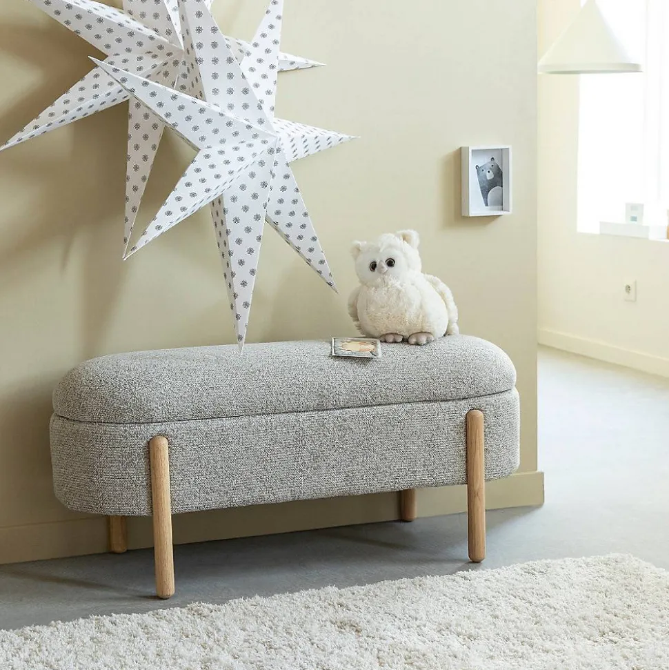 Banc en bois de pin et tissu bouclette gris clair Nério