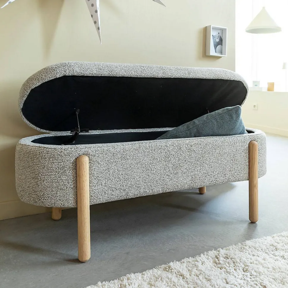 Banc en bois de pin et tissu bouclette gris clair Nério
