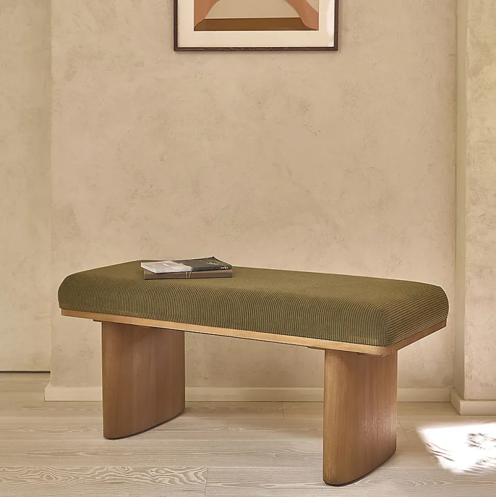 Banc en teck massif et tissu velours cotelé vert 100 cm