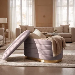 Banc en velours avec rangement 80 cm BELLA Rose Poudré