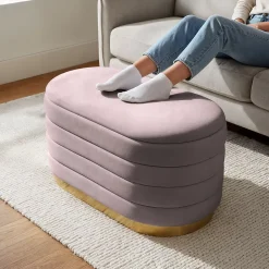 Banc en velours avec rangement 80 cm BELLA Rose Poudré