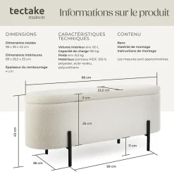 Banc LANJA rembourré, en tissu bouclé et avec espace de rangement en tissu bouclé rembourré