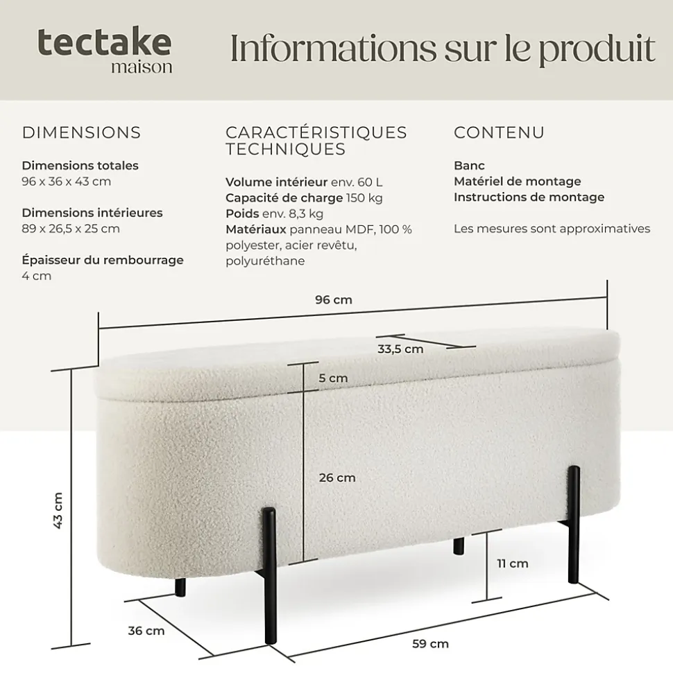 Banc LANJA rembourré, en tissu bouclé et avec espace de rangement en tissu bouclé rembourré