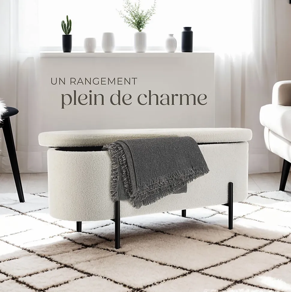 Banc LANJA rembourré, en tissu bouclé et avec espace de rangement en tissu bouclé rembourré