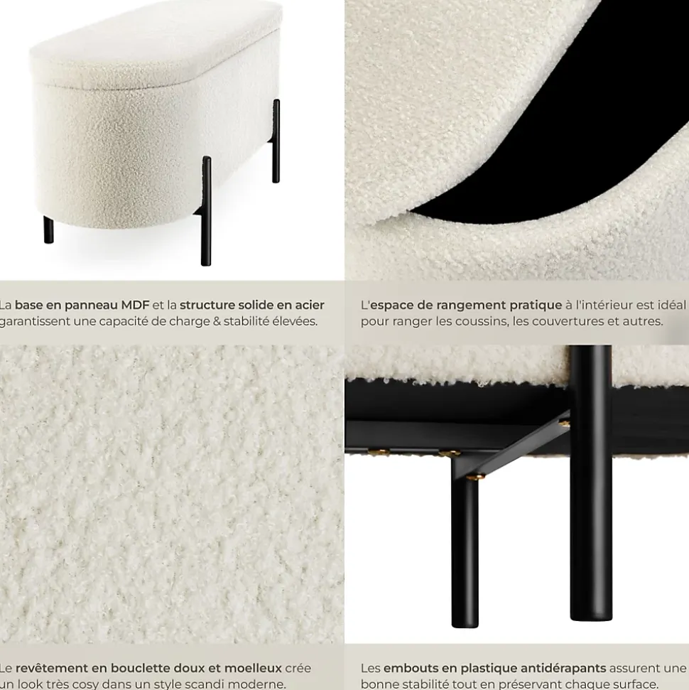 Banc LANJA rembourré, en tissu bouclé et avec espace de rangement en tissu bouclé rembourré
