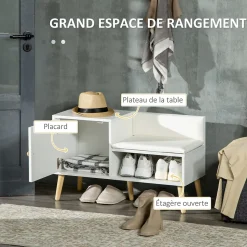Banc meuble à chaussures 2 en 1 style scandinave - porte, niche, étagère - bois pin blanc