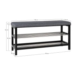Banc Padova élégant avec coussin et étagères noires - 100x34x50 cm