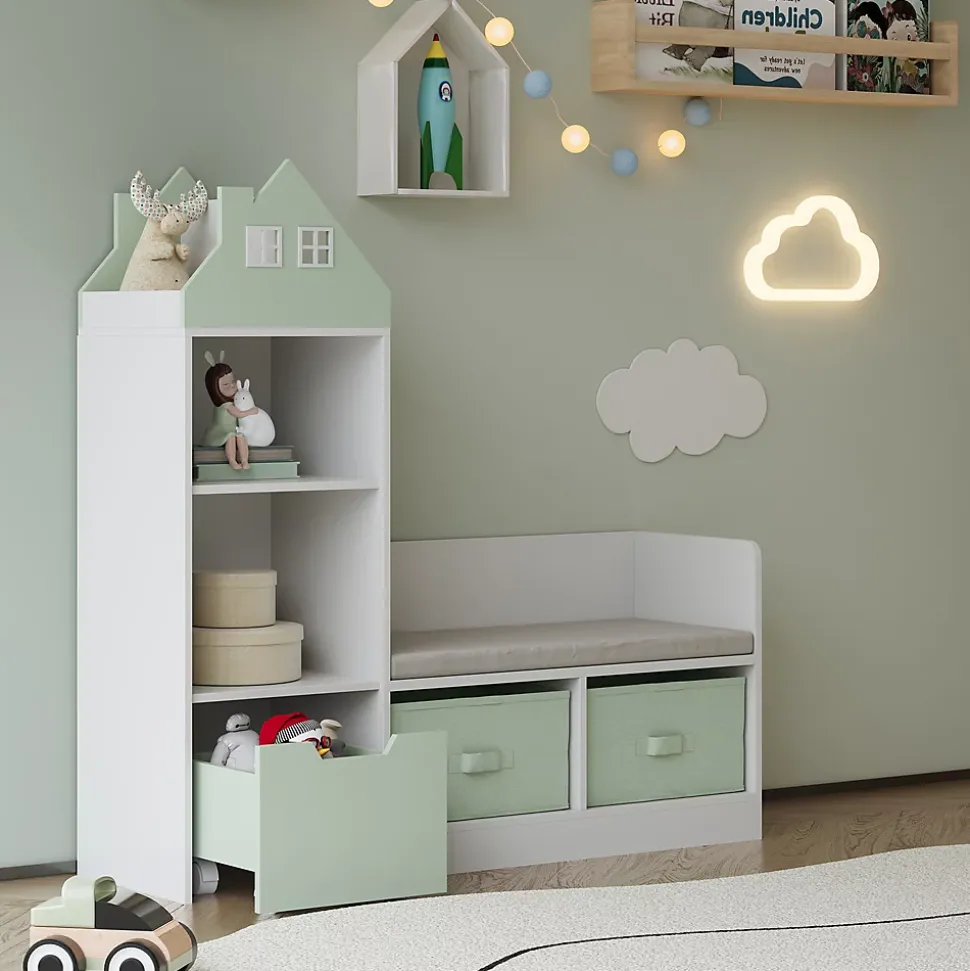 Banc pour enfant avec étagère Vipsali 100 x 99 x 30 cm blanc vert menthe en.casa