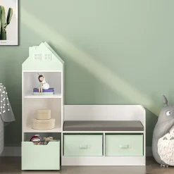 Banc pour enfant avec étagère Vipsali 100 x 99 x 30 cm blanc vert menthe en.casa