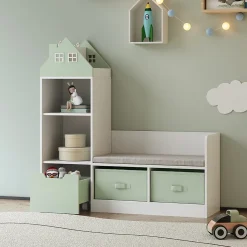 Banc pour enfant avec étagère Vipsali 100 x 99 x 30 cm blanc vert menthe en.casa