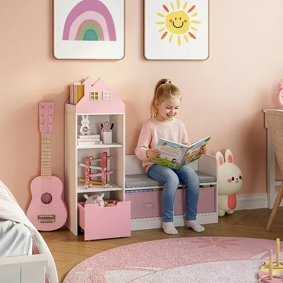Banc pour enfant avec étagère Vipsali 100 x 99 x 30 cm blanc rose en.casa