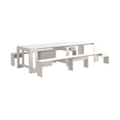 Banc Quedan, Lot de 2 Sièges pour table à manger, Bancs extensibles, 290x25h45 cm, Blanc brillant