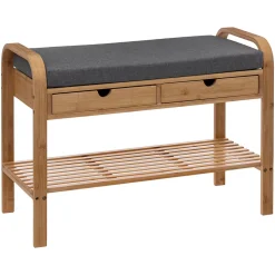 Banc range chaussures pour 4 paires en bambou, avec coussin et 2 tiroirs L.74 x H.55 x P.34 cm, 5Five Jano
