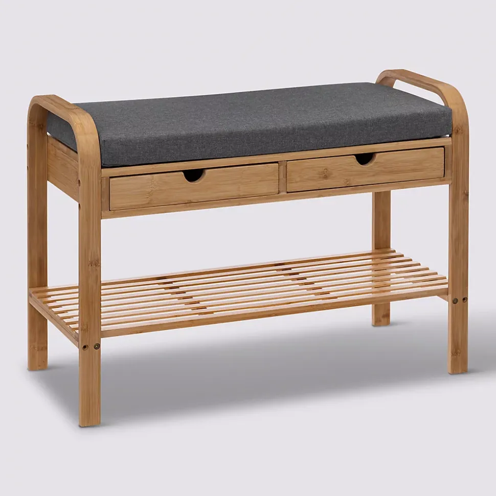 Banc range chaussures pour 4 paires en bambou, avec coussin et 2 tiroirs L.74 x H.55 x P.34 cm, 5Five Jano