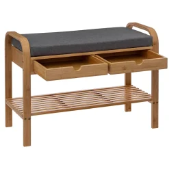 Banc range chaussures pour 4 paires en bambou, avec coussin et 2 tiroirs L.74 x H.55 x P.34 cm, 5Five Jano