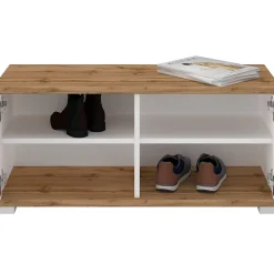 Banc rangement à chaussures VIELLA en mélaminé couleur chêne wotan et blanc