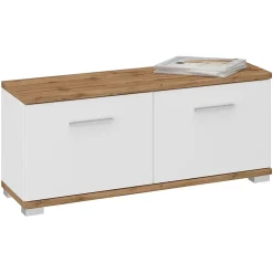 Banc rangement à chaussures VIELLA en mélaminé couleur chêne wotan et blanc