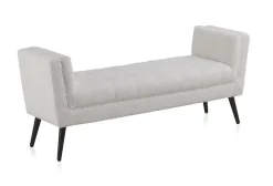 Banc recouvert de tissu blanc et pieds en bois noir