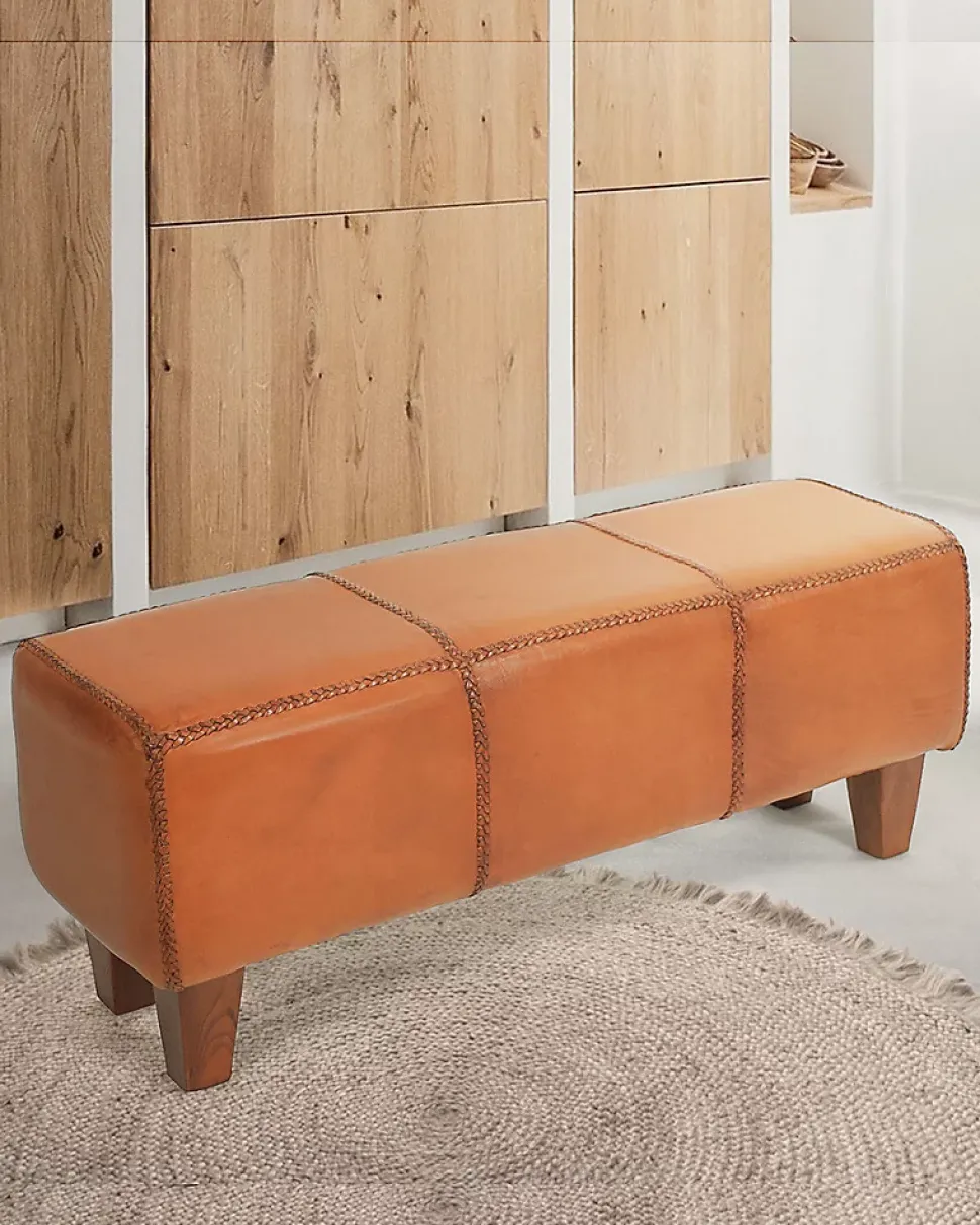 Banc rembourré en teck massif et cuir marron - Uniqka
