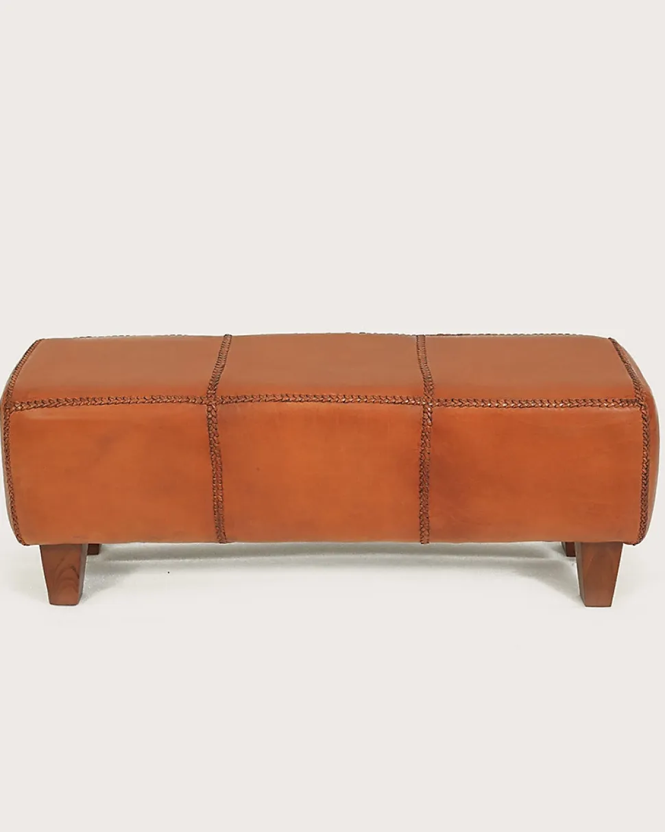 Banc rembourré en teck massif et cuir marron - Uniqka