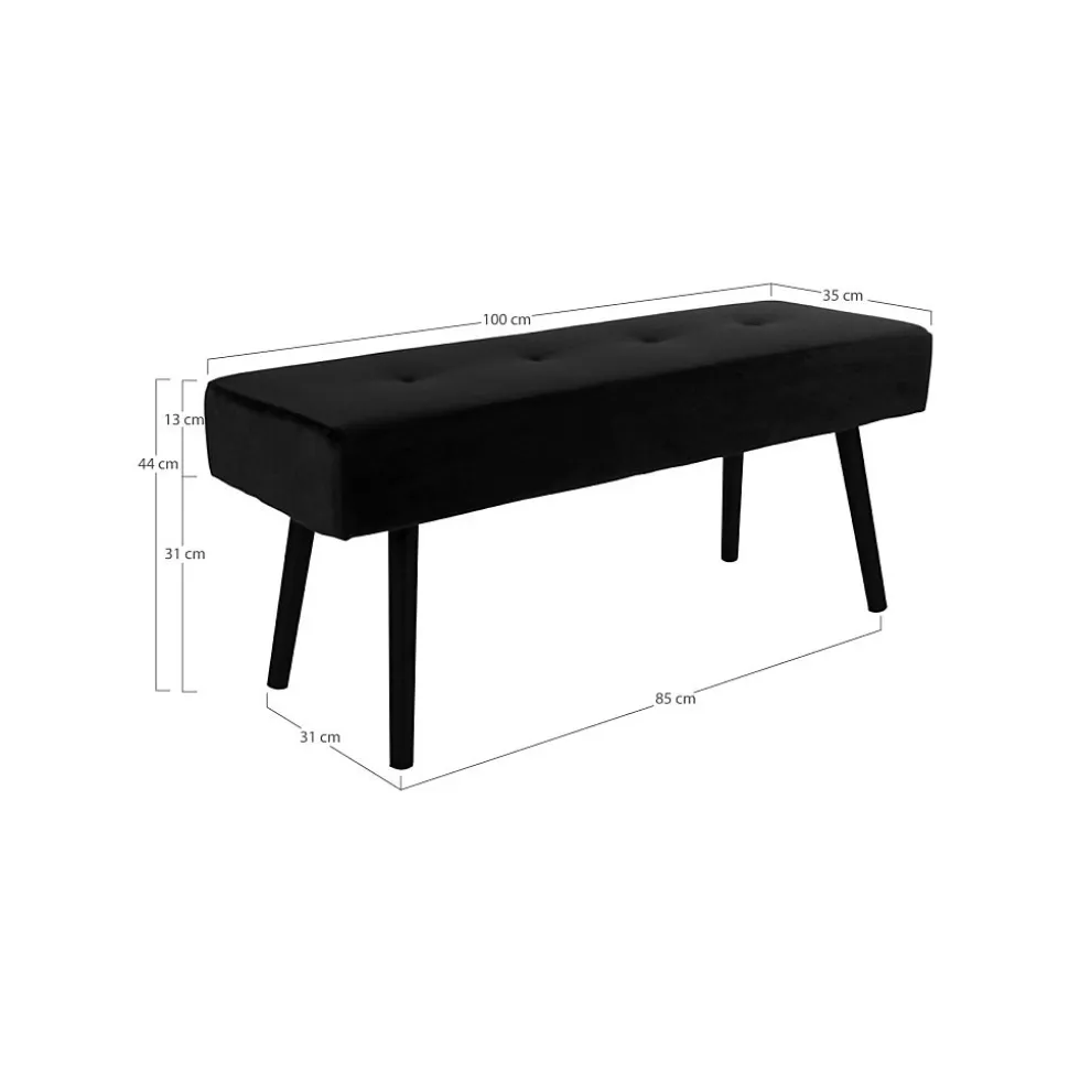 Banc Skiby en Velours Noir avec Pieds Noirs - Dimensions 100x35x44 cm, Modèle HN1207