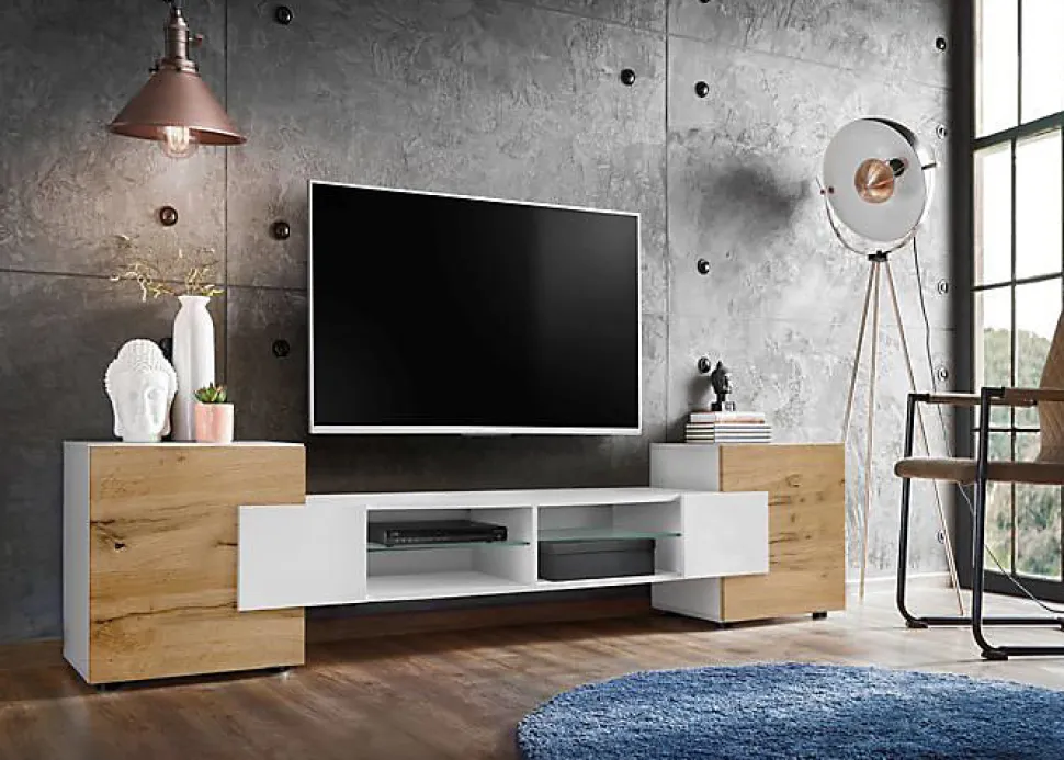 Banc TV Merano Komodee - sans LED - Blanc Blanc Wotan - 230 x 53 x 35 cm