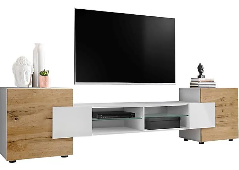 Banc TV Merano Komodee - sans LED - Blanc Blanc Wotan - 230 x 53 x 35 cm