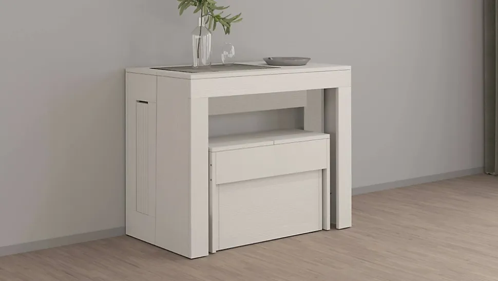 Banc Yutu, Siège pour table à manger, Banc simple extensible, 290x25h45 cm, Blanc