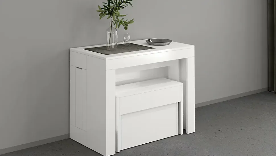 Banc Yutu, Siège pour table à manger, Banc simple extensible, 290x25h45 cm, Blanc brillant