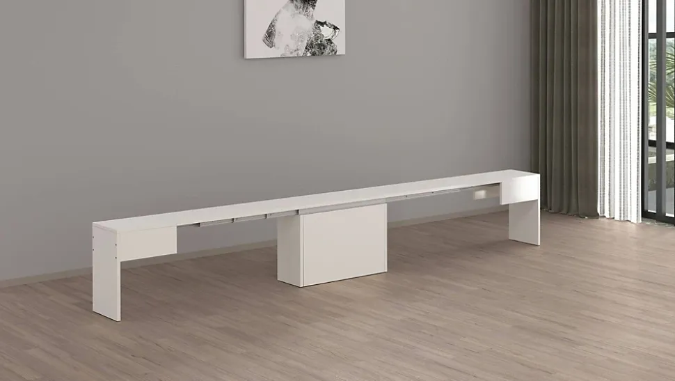 Banc Yutu, Siège pour table à manger, Banc simple extensible, 290x25h45 cm, Blanc brillant