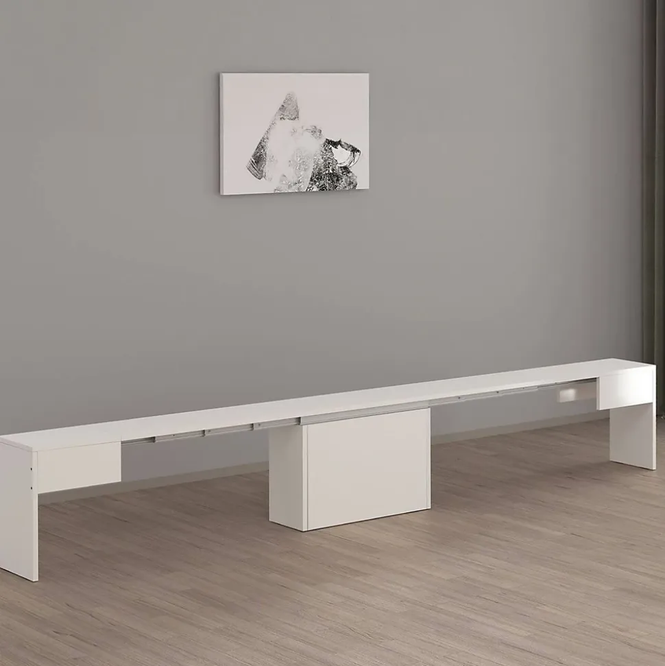 Banc Yutu, Siège pour table à manger, Banc simple extensible, 290x25h45 cm, Blanc brillant