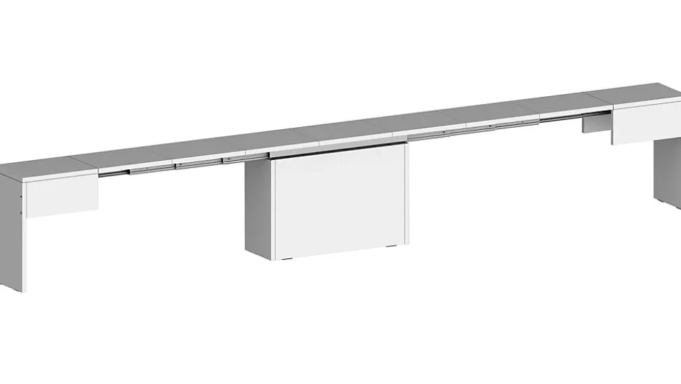 Banc Yutu, Siège pour table à manger, Banc simple extensible, 290x25h45 cm, Blanc brillant