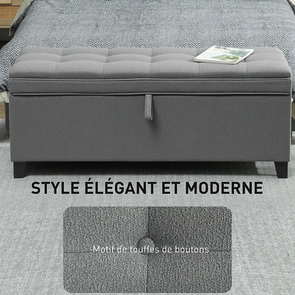 Banquette bout de lit coffre design Chesterfield dim. 120 x 40 x 48 cm tissu gris