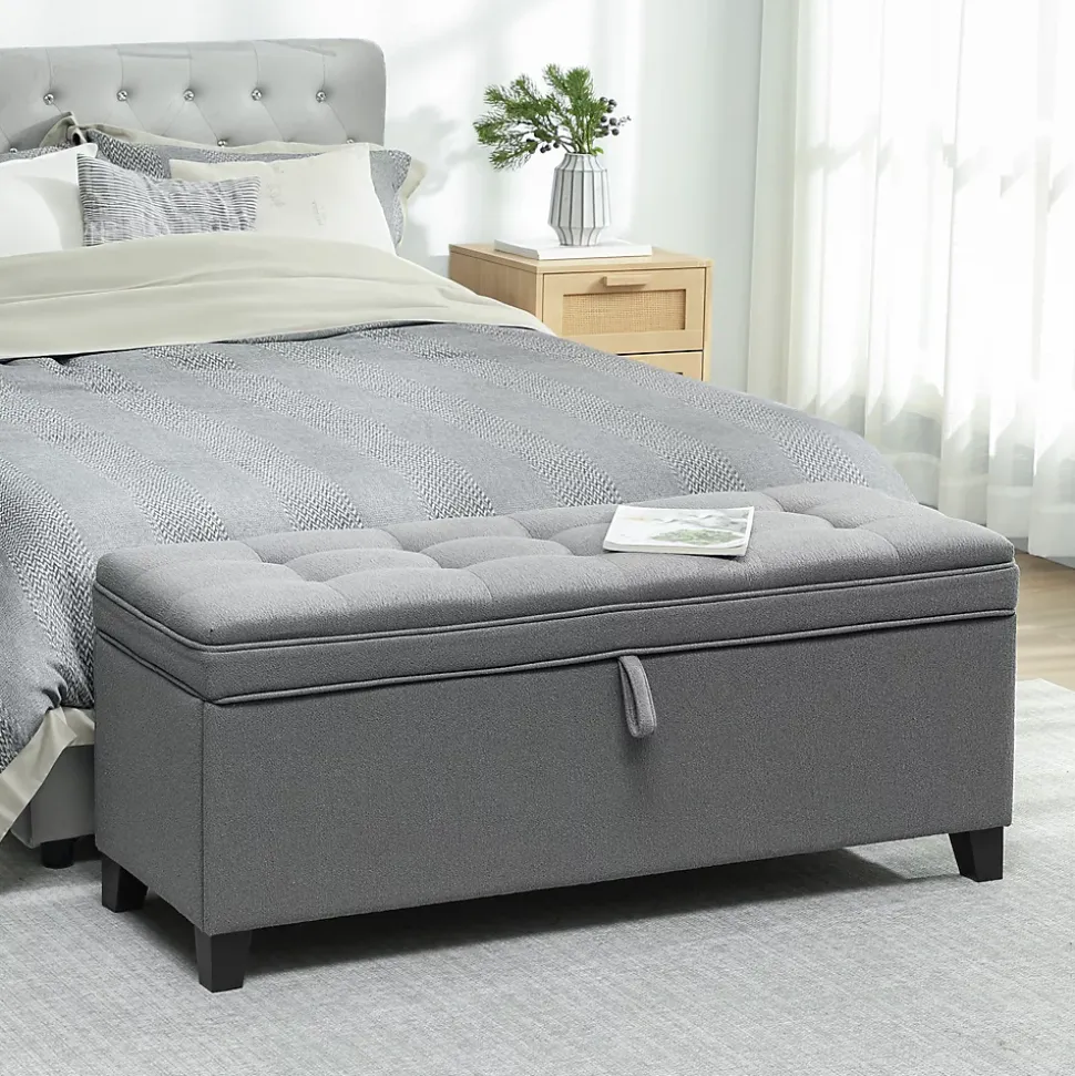 Banquette bout de lit coffre design Chesterfield dim. 120 x 40 x 48 cm tissu gris