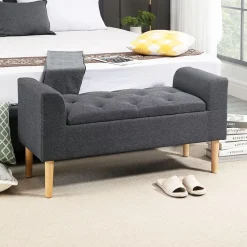Banquette coffre de rangement 2 en 1 design Chesterfield capitonnée accoudoirs courbés pieds effilés bois d'hévéa aspect lin gris