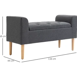 Banquette coffre de rangement 2 en 1 design Chesterfield capitonnée accoudoirs courbés pieds effilés bois d'hévéa aspect lin gris