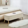 Banquette coffre de rangement style nordique bouclette piètement bois beige clair
