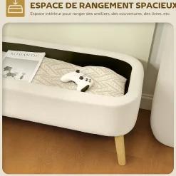 Banquette coffre de rangement style nordique bouclette piètement bois beige clair