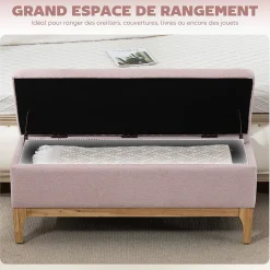 Banquette coffre de rangement 2 en 1 style scandinave dim. 110L x 39l x 45H cm tissu rose