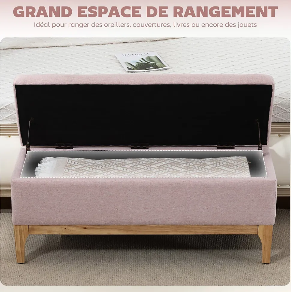 Banquette coffre de rangement 2 en 1 style scandinave dim. 110L x 39l x 45H cm tissu rose