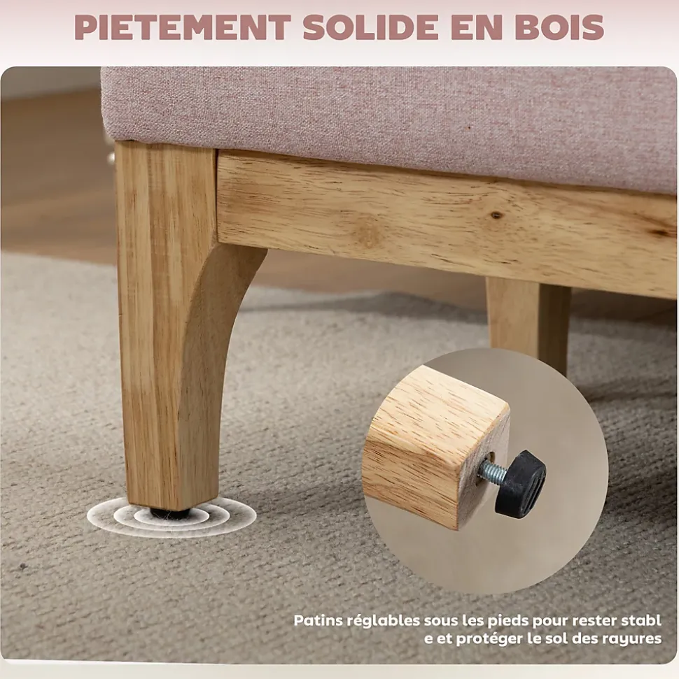 Banquette coffre de rangement 2 en 1 style scandinave dim. 110L x 39l x 45H cm tissu rose