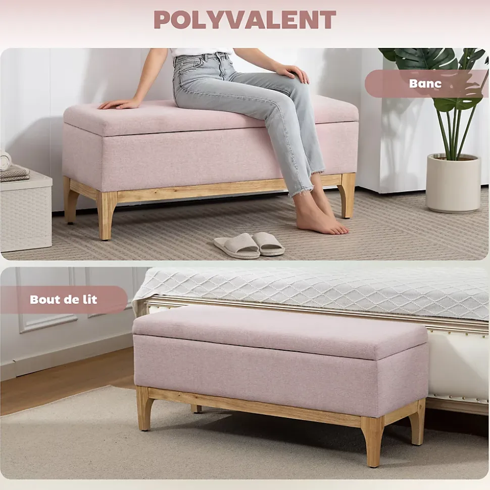 Banquette coffre de rangement 2 en 1 style scandinave dim. 110L x 39l x 45H cm tissu rose