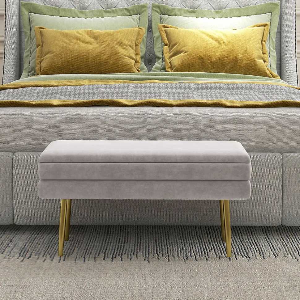 Banquette coffre de rangement 2 en 1 piètement effilé incliné acier doré velours taupe